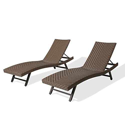 Iwicker Outdoor Aluminum Chaise Lounges, Patio Wicker Lounge Chairs with 4 Position Adjustable Backrest and Wheels, Set of 2, Brown, IW350