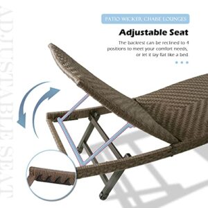 Iwicker Outdoor Aluminum Chaise Lounges, Patio Wicker Lounge Chairs with 4 Position Adjustable Backrest and Wheels, Set of 2, Brown, IW350