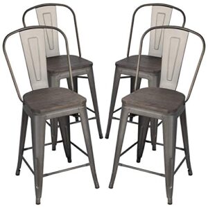 topeakmart set of 4 gunmetal wooden seat 24 inch counter height metal bar stools kitchen chairs with high back, indoor/outdoor