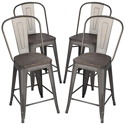 Topeakmart Set of 4 Gunmetal Wooden Seat 24 Inch Counter Height Metal Bar Stools Kitchen Chairs with High Back, Indoor/Outdoor