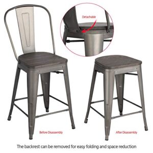 Topeakmart Set of 4 Gunmetal Wooden Seat 24 Inch Counter Height Metal Bar Stools Kitchen Chairs with High Back, Indoor/Outdoor