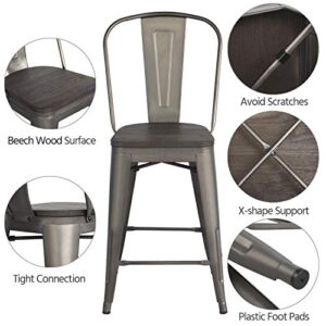 Topeakmart Set of 4 Gunmetal Wooden Seat 24 Inch Counter Height Metal Bar Stools Kitchen Chairs with High Back, Indoor/Outdoor