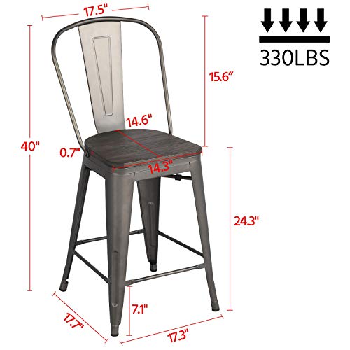 Topeakmart Set of 4 Gunmetal Wooden Seat 24 Inch Counter Height Metal Bar Stools Kitchen Chairs with High Back, Indoor/Outdoor