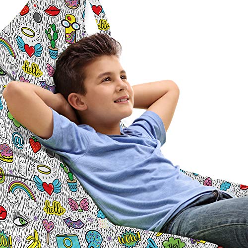 Ambesonne Emoticon Lounger Chair Bag, Pop Art Hand Drawn Cartoon Eye Ice Cream Rainbow Donut Lip Heart Banana Ghost, High Capacity Storage with Handle Container, Lounger Size, Multicolor