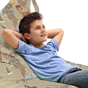 ambesonne travel lounger chair bag, repeating pattern with plane bag camera and world map vintage retro style print, high capacity storage with handle container, lounger size, multicolor