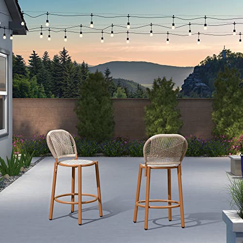 PURPLE LEAF Outdoor Counter Height Barstools Set Bistro Chairs Balcony Metal Seat with Back Aluminum Deck Patio Modern Rattan Wicker Bar Chairs