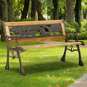 outdoor kid bench seating, 32.6″ kids mini sized hardwood bench w/metal frame & cast iron armrest, antique safari animal garden bench for children patio lawn balcony backyard porch and indoor