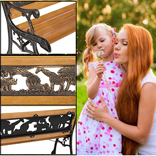 Outdoor Kid Bench Seating, 32.6" Kids Mini Sized Hardwood Bench w/Metal Frame & Cast Iron Armrest, Antique Safari Animal Garden Bench for Children Patio Lawn Balcony Backyard Porch and Indoor