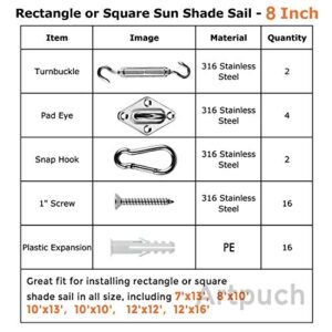 Artpuch Sun Shade Sail Hardware Kit 8 Inch for Rectangle Square Shade Sail Outdoor Installation 304 Stainless Steel