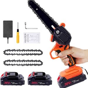 Mini Chainsaw Cordless, 6 Inch Battery Powered Chainsaw Pruning Chain Saw, One-Handed Portable Electric Small Chainsaw for Gardening Tree Trimming and Branch Wood Cutting(2x Battery,2x Chain)