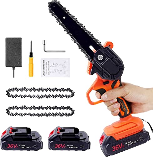 Mini Chainsaw Cordless, 6 Inch Battery Powered Chainsaw Pruning Chain Saw, One-Handed Portable Electric Small Chainsaw for Gardening Tree Trimming and Branch Wood Cutting(2x Battery,2x Chain)