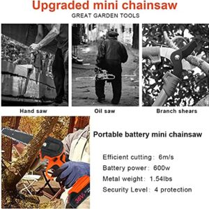 Mini Chainsaw Cordless, 6 Inch Battery Powered Chainsaw Pruning Chain Saw, One-Handed Portable Electric Small Chainsaw for Gardening Tree Trimming and Branch Wood Cutting(2x Battery,2x Chain)