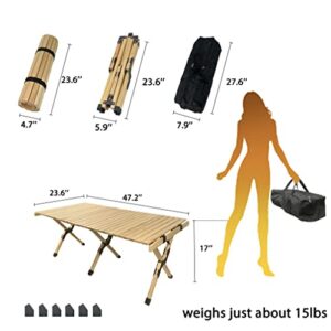 Go-Trio 4ft Low Portable Picnic Table, Boho Picnic Table with Carry Bag, Wooden Picnic Table Foldable, Adjustable Height Roll Up Folding Wooden Table Indoor Outdoor Camping, BBQ, Travel, Beach, Party