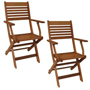 Sunnydaze Meranti Wood Outdoor Folding Patio Armchairs - Set of 2 - Outside Wooden Bistro Furniture for Lawn, Deck, Balcony, Garden and Porch - Teak Oil Finish