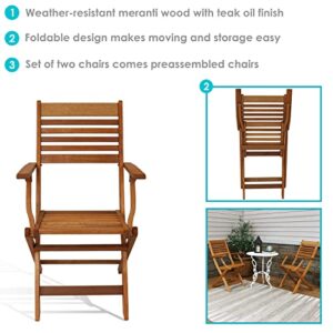Sunnydaze Meranti Wood Outdoor Folding Patio Armchairs - Set of 2 - Outside Wooden Bistro Furniture for Lawn, Deck, Balcony, Garden and Porch - Teak Oil Finish