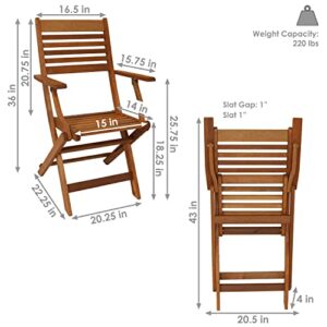 Sunnydaze Meranti Wood Outdoor Folding Patio Armchairs - Set of 2 - Outside Wooden Bistro Furniture for Lawn, Deck, Balcony, Garden and Porch - Teak Oil Finish