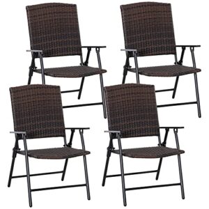 outsunny pe plastic rattan folding chair set, 4 pack, outdoor wicker seats w/armrests, steel frame, mixed brown