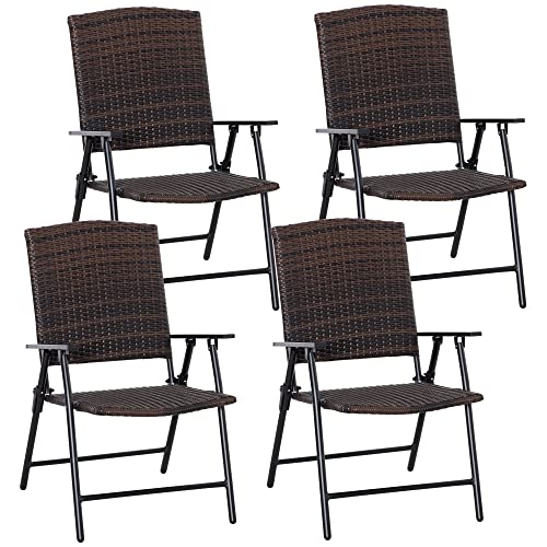 Outsunny PE Plastic Rattan Folding Chair Set, 4 Pack, Outdoor Wicker Seats w/Armrests, Steel Frame, Mixed Brown