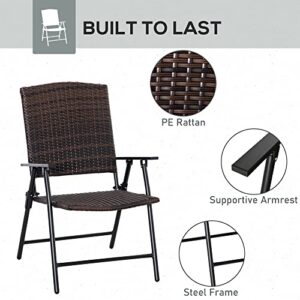 Outsunny PE Plastic Rattan Folding Chair Set, 4 Pack, Outdoor Wicker Seats w/Armrests, Steel Frame, Mixed Brown