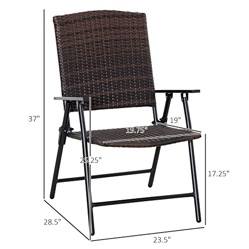 Outsunny PE Plastic Rattan Folding Chair Set, 4 Pack, Outdoor Wicker Seats w/Armrests, Steel Frame, Mixed Brown