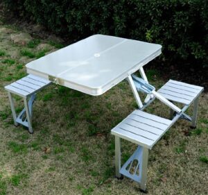 outsunny folding picnic table with umbrella hole, aluminum suitcase portable outdoor table with bench, patio, porch or camping table and chair set, silver