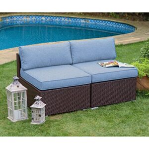 cosiest 2-piece outdoor furniture add-on armless chairs for expanding chocolate brown wicker sectional sofa set w heritage blue thick cushions for garden, pool, backyard