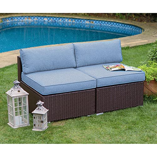 COSIEST 2-Piece Outdoor Furniture Add-on Armless Chairs for Expanding Chocolate Brown Wicker Sectional Sofa Set w Heritage Blue Thick Cushions for Garden, Pool, Backyard