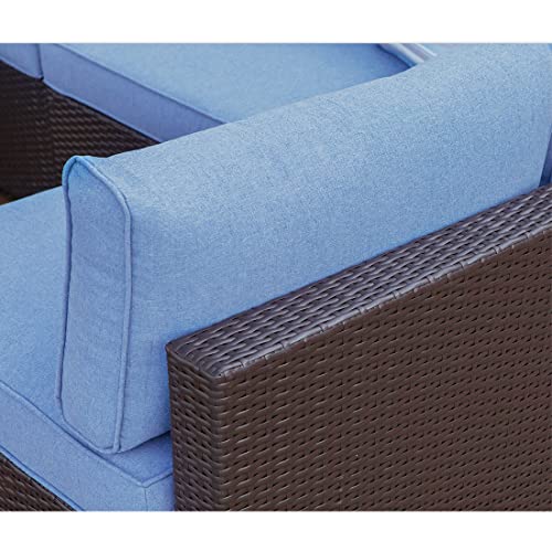 COSIEST 2-Piece Outdoor Furniture Add-on Armless Chairs for Expanding Chocolate Brown Wicker Sectional Sofa Set w Heritage Blue Thick Cushions for Garden, Pool, Backyard