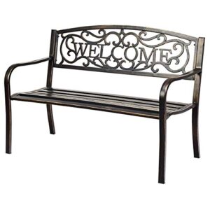 giantex garden bench, antique metal outside bench w/warm welcome pattern, elegant bronze finish and durable metal frame for park yard porch chair (bronze)