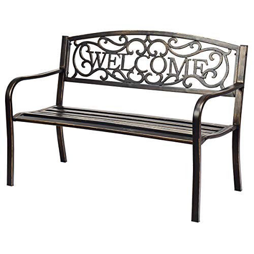 Giantex Garden Bench, Antique Metal Outside Bench w/Warm Welcome Pattern, Elegant Bronze Finish and Durable Metal Frame for Park Yard Porch Chair (Bronze)