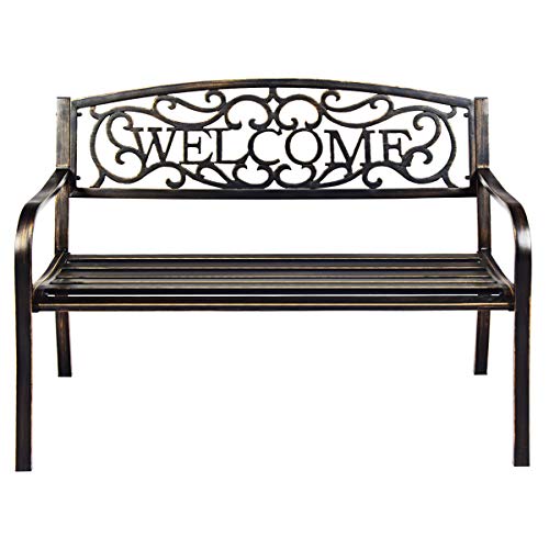 Giantex Garden Bench, Antique Metal Outside Bench w/Warm Welcome Pattern, Elegant Bronze Finish and Durable Metal Frame for Park Yard Porch Chair (Bronze)