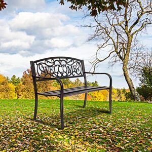 Giantex Garden Bench, Antique Metal Outside Bench w/Warm Welcome Pattern, Elegant Bronze Finish and Durable Metal Frame for Park Yard Porch Chair (Bronze)