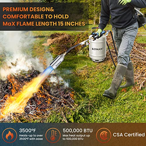 Heavy Duty Weed Torch Burner,Propane Torch Weed Burner (CSA Certified),Flamethrower with 9.8 FT Hose,500,000 BTU, Self Igniting Flame Weeder for Weeding,Roof Asphalt,Ice Snow,Welding,Road Marking