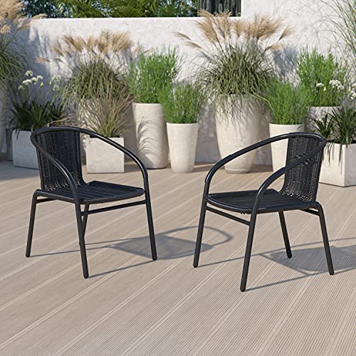 BizChair 2 Pack Black Rattan Indoor-Outdoor Restaurant Stack Chair