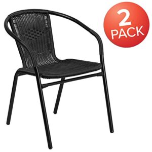 BizChair 2 Pack Black Rattan Indoor-Outdoor Restaurant Stack Chair