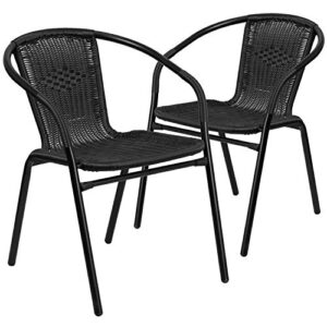 BizChair 2 Pack Black Rattan Indoor-Outdoor Restaurant Stack Chair