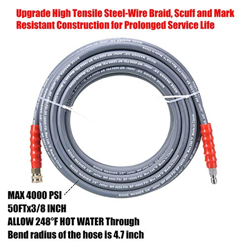 RIDGE WASHER Pressure Washer Hose 50 Feet X 3/8 Inch for Hot and Cold Water, with M22 14mm to 3/8 Inch Quick Connect, 4000 PSI