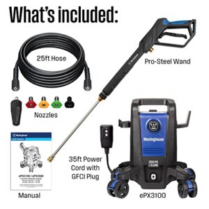 Westinghouse ePX3100 Electric Pressure Washer, 2050 Max PSI 1.76 Max GPM with Anti-Tipping Technology, Onboard Soap Tank, Pro-Style Steel Wand, 5-Nozzle Set, for Cars/Fences/Driveways/Home/Patios