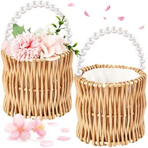 set of 2 wicker wedding flower girl baskets pearl wicker rattan flower basket handwoven easter basket wicker basket with handle straw beach bags purse wicker tote for candy garden home, 5.9 x 5.5 inch