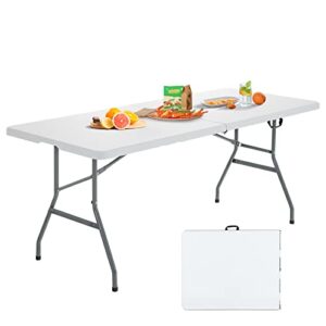 giantex folding picnic table, 6ft card table hdpe, portable foldable tables for party bbq, metal legs, white outdoor camping table with handle, no assembly (white)