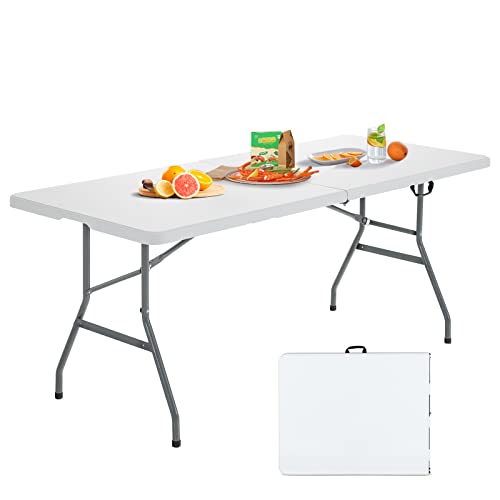 Giantex Folding Picnic Table, 6FT Card Table HDPE, Portable Foldable Tables for Party BBQ, Metal Legs, White Outdoor Camping Table with Handle, No Assembly (White)