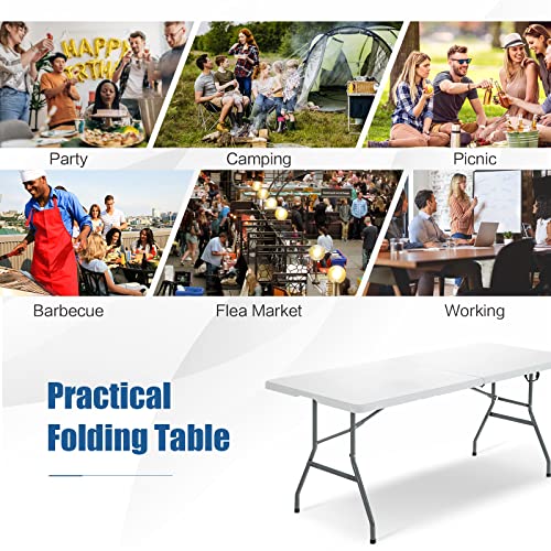 Giantex Folding Picnic Table, 6FT Card Table HDPE, Portable Foldable Tables for Party BBQ, Metal Legs, White Outdoor Camping Table with Handle, No Assembly (White)