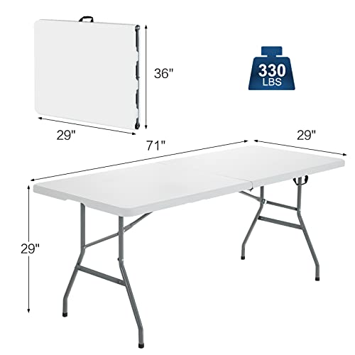 Giantex Folding Picnic Table, 6FT Card Table HDPE, Portable Foldable Tables for Party BBQ, Metal Legs, White Outdoor Camping Table with Handle, No Assembly (White)