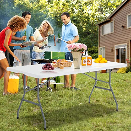 Giantex Folding Picnic Table, 6FT Card Table HDPE, Portable Foldable Tables for Party BBQ, Metal Legs, White Outdoor Camping Table with Handle, No Assembly (White)