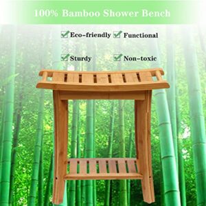 Bamboo Shower Bench Seat, Bathroom Shower Stools, Waterproof Bathing Spa Chair with Shelf and Handles for Indoor or Outdoor