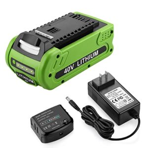 energup 40V Replacement for Greenworks 40V Lithium Battery 29472 29462 for GreenWorks 40Volt G-MAX Power Tools 29252 20202 22262 with a Greenworks 40V Battery Charger