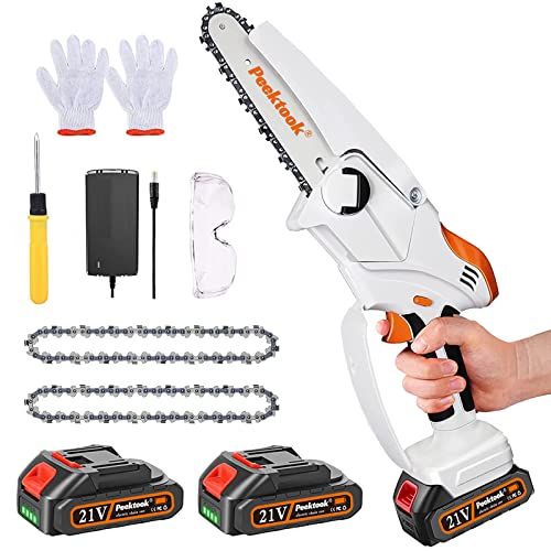 Mini Chainsaw Electric Cordless Chainsaw, Peektook Upgrated 6 Inch Chain Saw with 2 Battery and 2 Chains, Portable Mini Saw with Safety Lock and Strong Power Perfect for Trim Shrubs/Branches/Logging