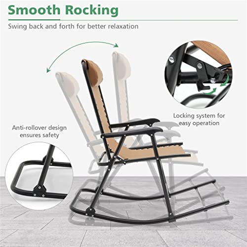 ZHYH Patio Camping Rocking Chair Folding Rocking Chair Footrest Outdoor Beige