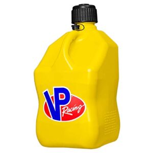 vp racing fuels motorsport 5 gal square plastic utility jug yellow. features close-trimmed cap and neck for tight seal. made of even-density plastic.