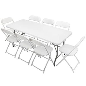 vingli 6 ft plastic folding table set with 8 white folding chairs for picnic, event, training, outdoor activities, at home and commercial use